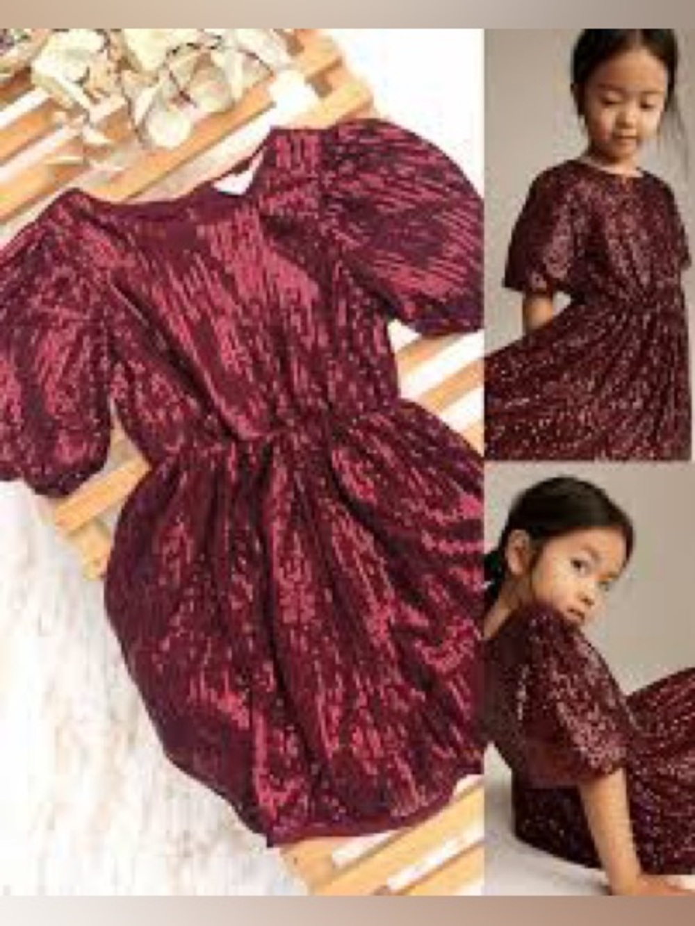 H&M Sparkling Burgundy Sequin Puff-Sleeve Dress / Size 8